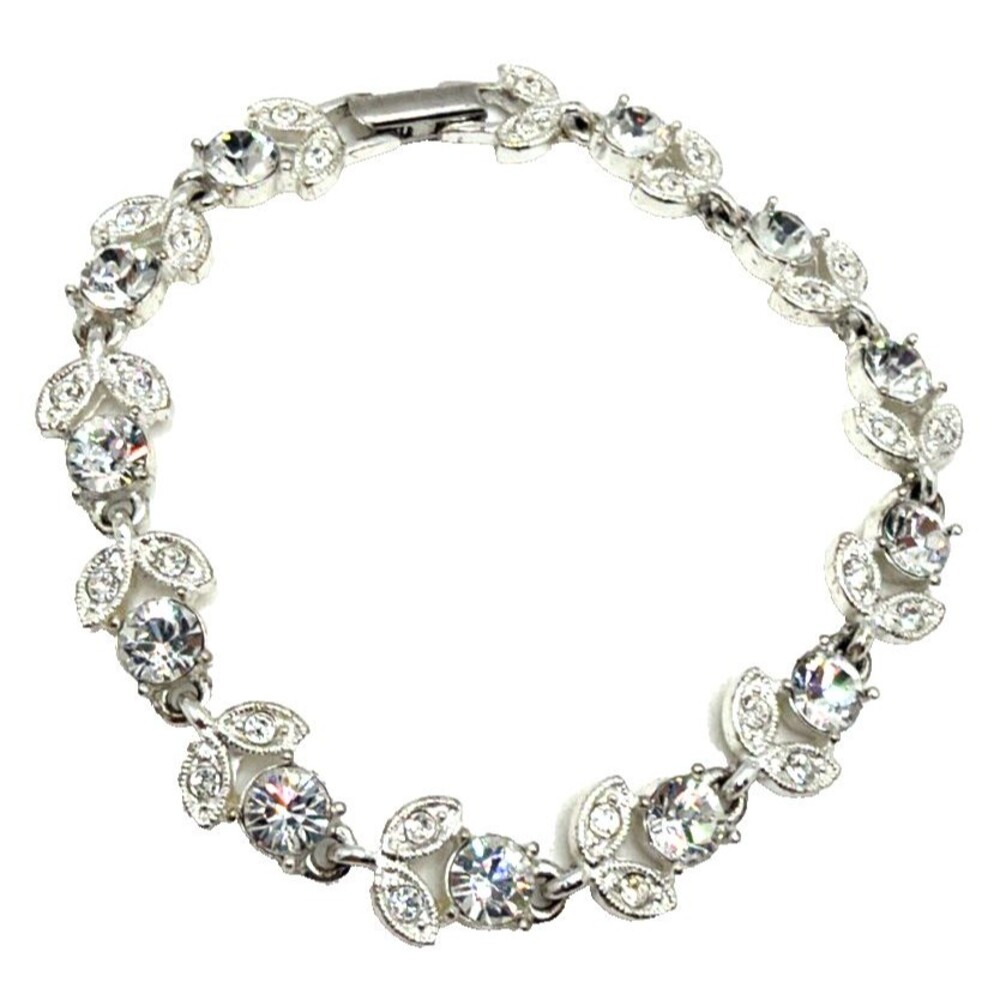 Vintage Clear Crystal Rhinestone Bracelet Floral Links Bridal Wedding Prom 7.5"